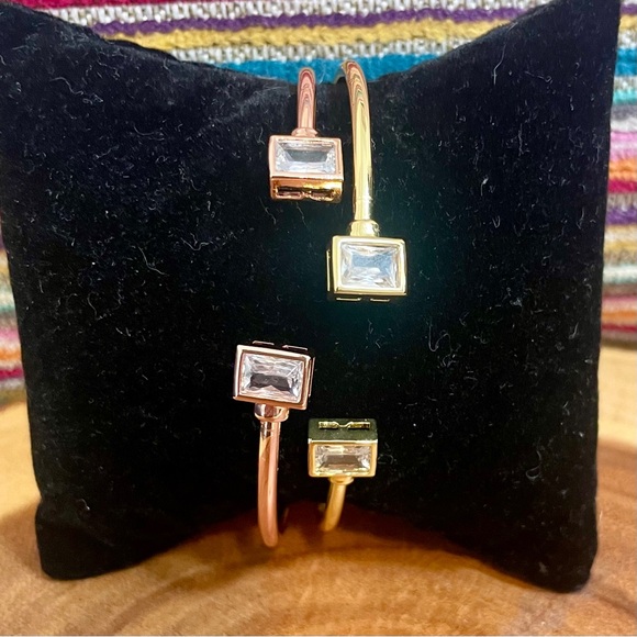 Two Tone Baguette Cut CZ Adjustable Cuff Bangle Duo Gold & Rose Gold Filled - Picture 10 of 10